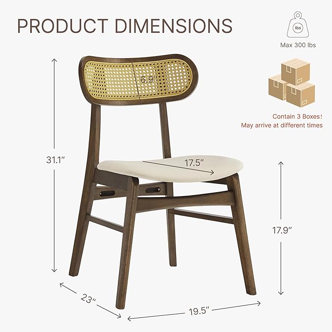 KISLOT Wooden Dining Chairs Set of 6, Upholstered Modern Dining Room Chairs, Mid Century Oak Wood Kitchen Chairs with Rattan Backrest for Farmhouse, Kitchen, Restaurant (Cream Fabric & Walnut Color)