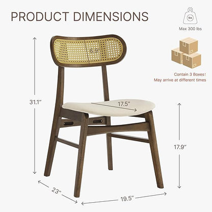 KISLOT Wooden Dining Chairs Set of 6, Upholstered Modern Dining Room Chairs, Mid Century Oak Wood Kitchen Chairs with Rattan Backrest for Farmhouse, Kitchen, Restaurant (Cream Fabric & Walnut Color)