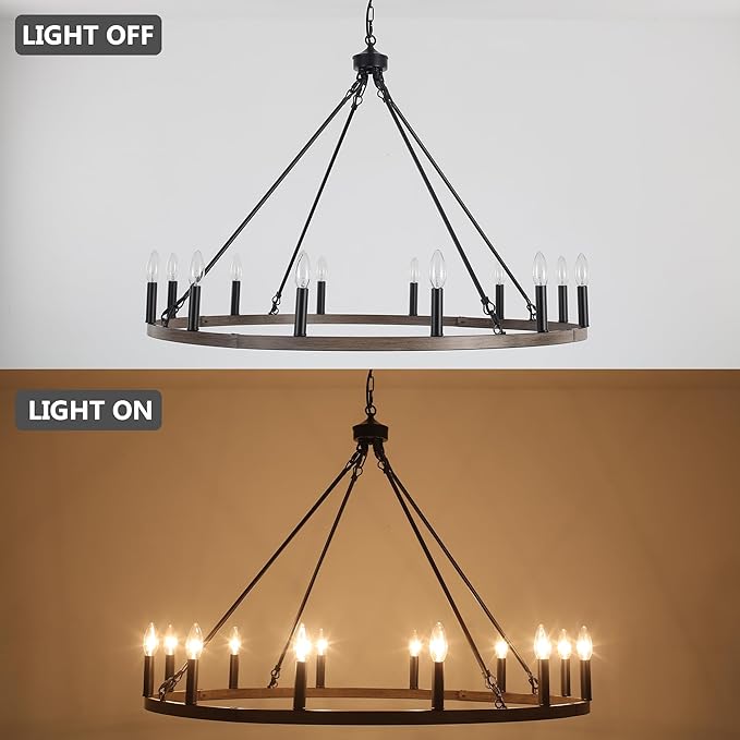 ANKYLHUA Wagon Wheel Chandelier-12 Light,38 Inch Chandeliers for Dining Room Light Fixture,Black and Metal Faux Wood Farmhouse Kitchen Light Fixtures for Living Room/Bedroom/Entryway