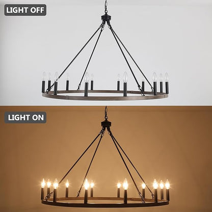 ANKYLHUA Wagon Wheel Chandelier-12 Light,38 Inch Chandeliers for Dining Room Light Fixture,Black and Metal Faux Wood Farmhouse Kitchen Light Fixtures for Living Room/Bedroom/Entryway