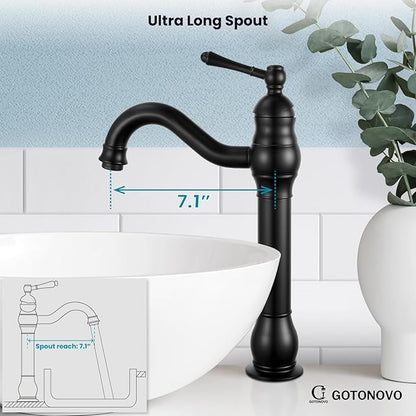 gotonovo Vessel Sink Faucet 360° Swivel Spout Single Handle Tall Bathroom Faucet 1 Hole Farmhouse Lavatory Washbasin Mixer Tap Matching Supply Hoses, Without Pop Up Drain, Matte Black