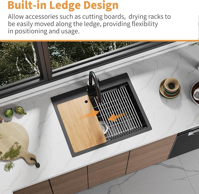Black 25x20In Kitchen Sink Workstation-Stainless Steel Drop In Single Bowl Built-in Ledge Topmount Workstation Sink For Placing/Sliding Accessory-Cutting Board,Drying Rack,Convenient And Functional