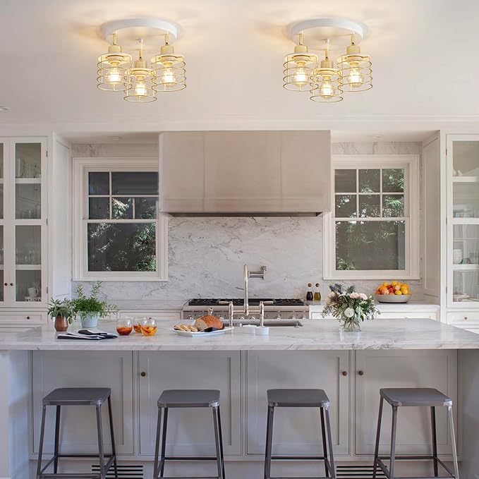 Semi Flush Mount 3-Light Kitchen Ceiling Fixture, Multi-Directional Lights for Kitchen, Farmhouse, Hallway, Dining Room, Entryway (White & Gold)