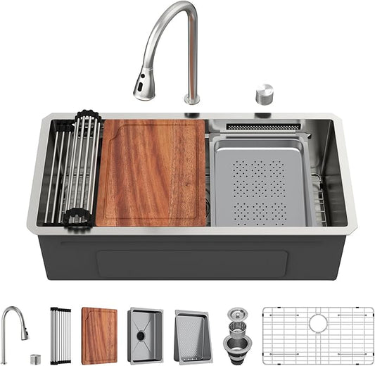 30 inch Undermount Kitchen Sink - Beslend 30x17x10 Waterfall Sink with Pull-Down Faucet 16 Gauge Stainless Steel, Double Track Workstation Kitchen Sinks with Faucet Combo, Handmade Dish Basin