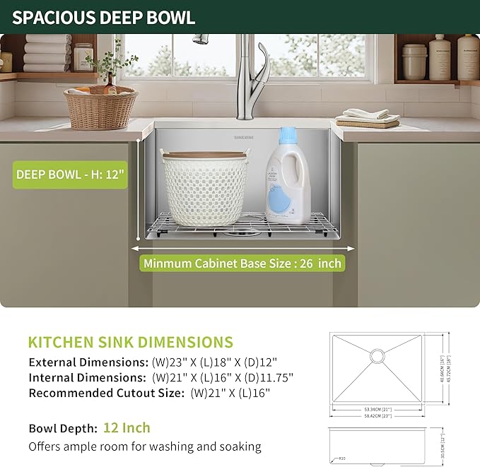 23-inch Undermount Laundry Utility Sink - SINKVINE 23x18x12 Extra Deep Stainless Steel Single Bowl Basin with Drain Strainer, Bottom Grid & Drying Unit for Laundry Room, Outdoor, Garage, Kitchen Use