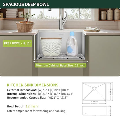 23-inch Undermount Laundry Utility Sink - SINKVINE 23x18x12 Extra Deep Stainless Steel Single Bowl Basin with Drain Strainer, Bottom Grid & Drying Unit for Laundry Room, Outdoor, Garage, Kitchen Use