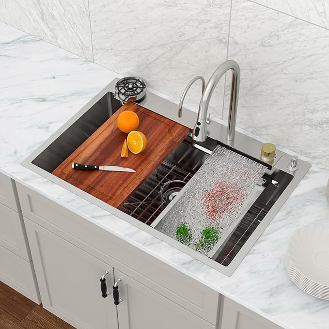 Logmey 33x22 Waterfall Kitchen Sink with faucet Combo Cup Washer Workstation Luxury Sinks 33 Inch Drop In Kitchen Sink Stainless Steel 16 Gauge Single Bowl Topmount Sinks 33x22x9