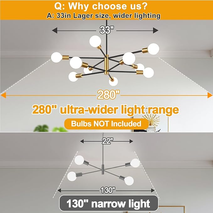 32" Modern Chandelier Ceiling Light Fixture, 10-Light Sputnik Chandeliers Brushed Gold and Black Dining Room Light Fixture, Height Adjustable Chandeliers for Dining Room Living (Bulbs Not Included)