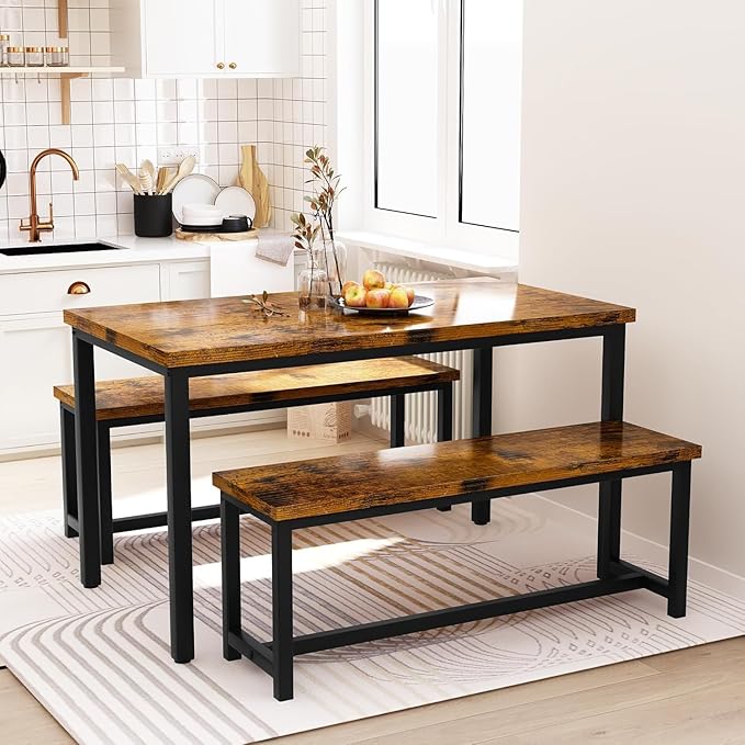 Recaceik 47” Dining Table Set for 4, 3-Piece Kitchen Table with 2 Benches, Wood Kitchen Table and Chair Set, Space-Saving Dining Room Set Dinette Set for Breakfast Nook and Small Space, Rustic Brown