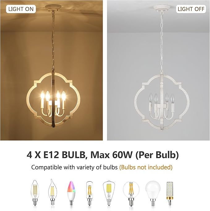 White Farmhouse Orb Chandelier for Dining Room- 4 Light Modern Pendant Light Fixture, Rustic Wood Hanging Lights for Kitchen Island Living Room Bedroom Entryway