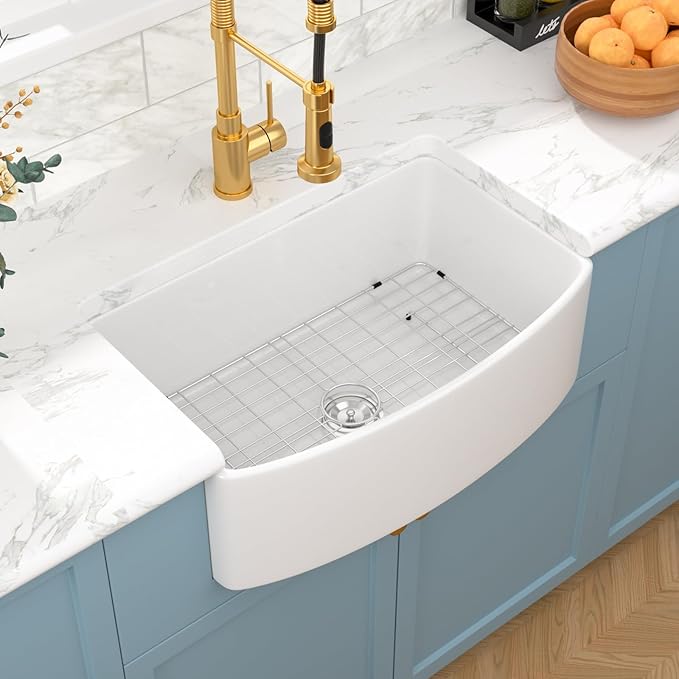 Sarlai 30 White Farmhouse Sink - 30 Inch Kitchen Sink Arch Edge Curved Apron Front Ceramic Porcelain Fireclay Single Bowl Farmer Sinks
