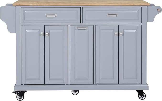 GOWE Kitchen Island with Rubber Wood Countertop, Kitchen Cart on 5 Wheels with Storage Cabinet and 2 Top Drawers and A Center Double Layered Storage Drawer for Dinning Room, Grey