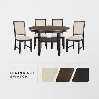 Lexicon Braun 5 Piece Dining Table Set, Dining Room Set for 4, Including 1 Round Kitchen Table with Storage Shelf and 4 Beige Fabric Upholstered Chairs, Brown/Black