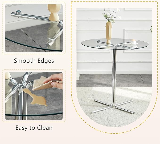 36" Round Counter Height Table, Tempered Glass Top with Silver Metal Base, Modern Pub Table for Kitchen, Bar & Small Spaces