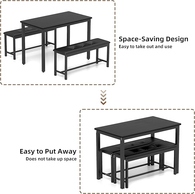 Dining Table Set for 4, Wood Kitchen Table & Chair with 2 Upholstered Benches for Breakfast Nook and Small Space, Black