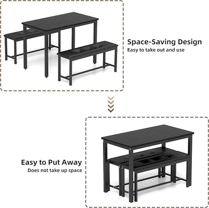 Dining Table Set for 4, Wood Kitchen Table & Chair with 2 Upholstered Benches for Breakfast Nook and Small Space, Black
