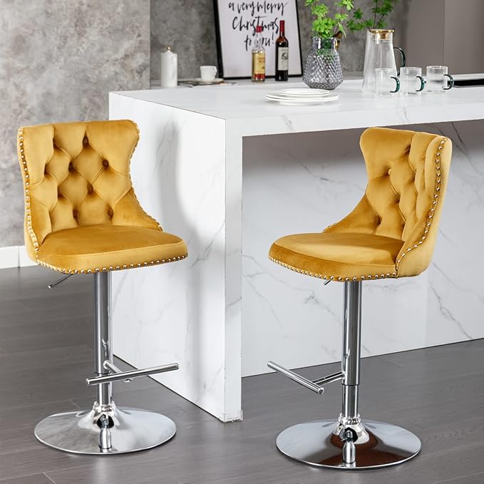 LUMISOL 2 Piece Swivel Velvet Bar Stools, Modern Upholstered Chrome Base Bar Stools with Backs Comfortable Tufted for Home Pub and Kitchen Island, Adjustable Seat Height from 25”-33”, Gold