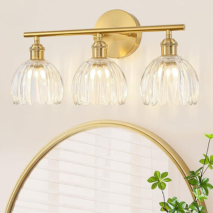 Gold Bathroom Light Fixtures Over Mirror, 3 Light Bathroom Vanity Light Fixture with Tulip Transparent Glass Lampshade, Vintage Vanity Lights for Bathroom, Bathroom Vanity Lights Over Mirror
