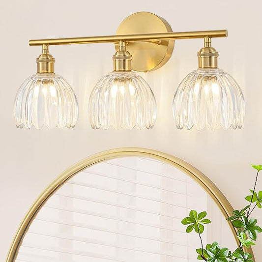 Gold Bathroom Light Fixtures Over Mirror, 3 Light Bathroom Vanity Light Fixture with Tulip Transparent Glass Lampshade, Vintage Vanity Lights for Bathroom, Bathroom Vanity Lights Over Mirror