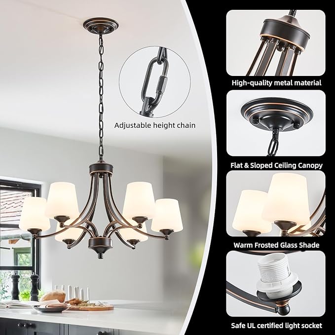 6-Light Farmhouse Chandeliers Black and Gold Dinner Room Light with Frosted Glass 47.2" Adjustable Pendant Ceilling Lighting Rustic Vintage Hanging Lamp for Kitchen Island Dining Table Living Room