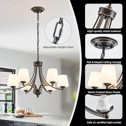 6-Light Farmhouse Chandeliers Black and Gold Dinner Room Light with Frosted Glass 47.2" Adjustable Pendant Ceilling Lighting Rustic Vintage Hanging Lamp for Kitchen Island Dining Table Living Room