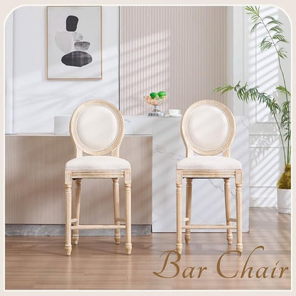 French Country Upholstered Bar Stools Set of Two, Natural Rattan Round Backrest, Solid Wood Frame with Carving and Wire Drawing Techniques, Vintage Dining Chairs for Kitchen Island (Beige B)