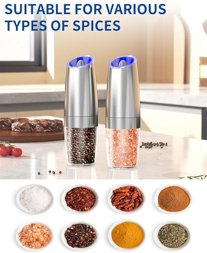 CIRCLE JOY Stainless Steel Graviry Electric Pepper Grinder Automatic Salt Grinder Pepper Griner Mill Electric, Battery Operated, LED Light, Adjustable Coarseness, for Home Kitchen BBQ, Silver