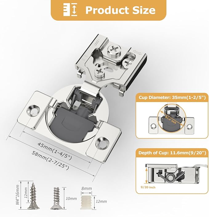 Furniware 2 Pieces 3/8 inch Overlay Soft Close Hinges for Kitchen Cabinet Hinges Satin Nickel Hidden Hinges Soft Closing Cabinet Hinges Stainless Steel Concealed Hinge self Closing 105 Degree