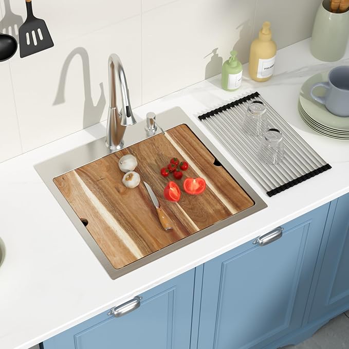 Drop in Bar Sink Workstation 21x20 Inch 16 Gauge Stainless Steel Handmade Topmount Kitchen Sink Single Bowl - 8 Inches Deep RV Sink