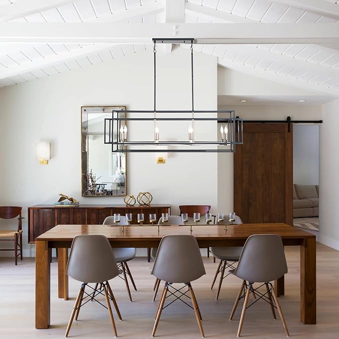 WJShome Kitchen Island Lighting, 8-Light Farmhouse Chandeliers for Dining Room, Modern Dining Room Light Fixtures Over Table, Linear Pendant Lights Kitchen Island（Black & Brushed Nickel）