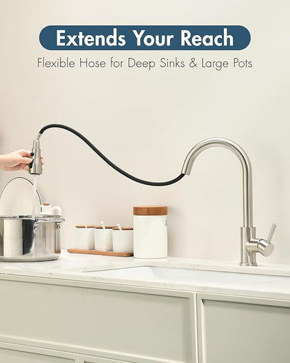 GIMILI Kitchen Faucet with Soap Dispenser Single Hole Kitchen Sink Faucet with Pull Down Sprayer Suitable for Farmhouses RV Laundry Room Outdoor and Campers Brushed Nickel