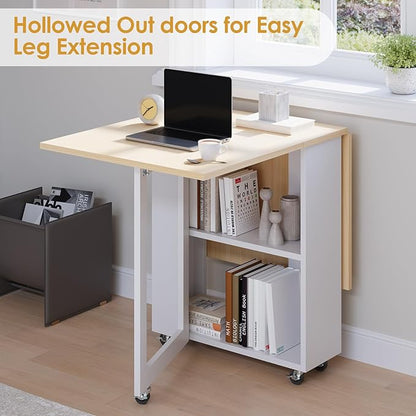 LotFun Folding Dining Table with 2 Storage Racks, Space Saving Dining Table with 6 Wheels, Kitchen Table for Small Spaces