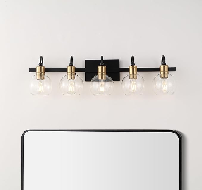 JONATHAN Y 36.5" Black/Brass Gold Vintage Wall Sconce, LED Vanity Light for Bathroom Bedroom Entryway, Clear Glass Globe Shade, Modern Industrial Arched Lamp, LED Bulb Included (JYL3556A)