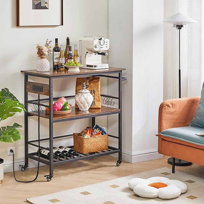 IBUYKE Kitchen Island with 3 Shelves, Island Table for Kitchen with Power Outlet,Kitchen Cart with Large Worktop,Rolling Bar Cart for Home, Outdoor, Kitchen TMJ024H
