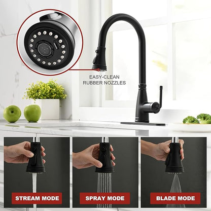 Kitchen Faucet with Pull Down Sprayer, 17 inch Matte Black Antique Single Handle Pull Out Kitchen Sink Faucet with Deck Plate for Classic Modern Ktichen