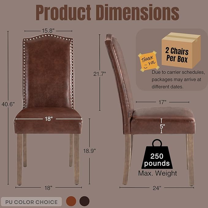 Upholstered Dining Chair Modern Stylish Parsons Kitchen Diner High Back with Silver Nailhead Trim & Wood Legs, Set of 6, PU Leather Light Brown
