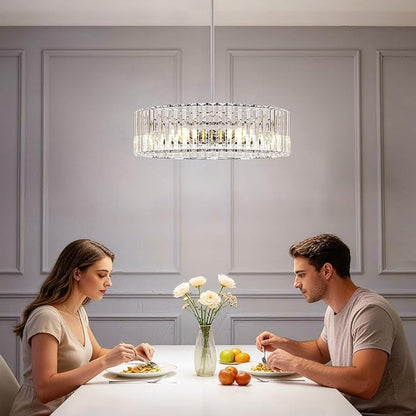 Modern Crystal Chandelier for Dining Room, 6 Light Chrome Semi Flush Mount Ceiling Light Fixtures, 19in Hallway Fixture, Round Kitchen Hanging Drum Pendant Lights Ceiling for Living Room Bedroom Foyer