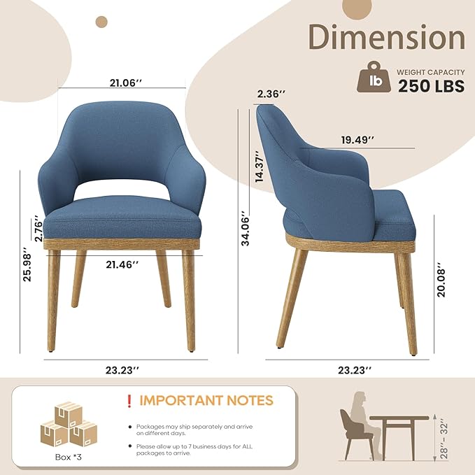 MALOL Wooden Dining Chairs Set of 6, Modern Fabric Upholstered Dining Room Chair, Kitchen Side Chairs, Farmhouse Dinner Chair with Open Back for Kitchen, Blue