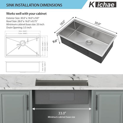 Kichae 30 Undermount Kitchen Sink - 30x18 Undermount Sink Ledge Workstation 16 Gauge Stainless Steel Deep Single Bowl Under Counter Handmade Basin