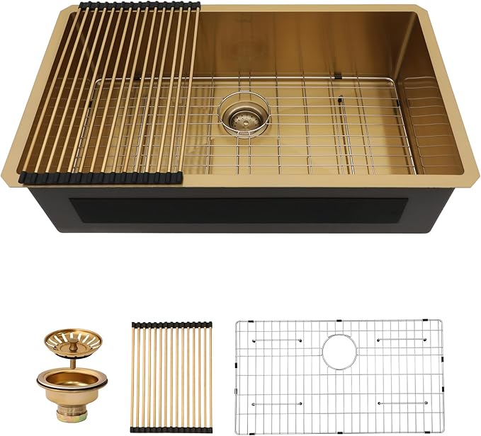 Lordear 32 Undermount Kitchen Sink Matte Gold 32X19 Kitchen Sinks16 Gauge Stainless Steel Deep Single Bowl Handmade Sink Basin