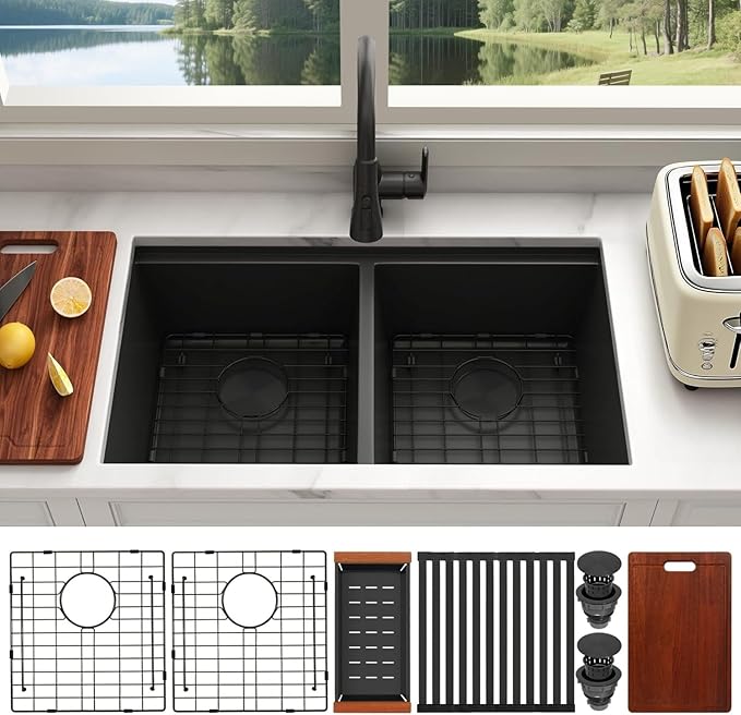 Double Bowl Kitchen Sink 30" X 18",Black Undermount Kitchen Sink,16 Gauge Stainless Steel Undermount Double Sinks with Workstation