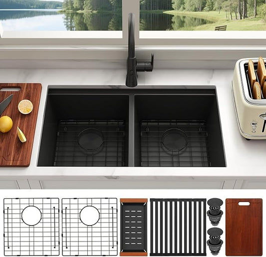 Double Bowl Kitchen Sink 30" X 18",Black Undermount Kitchen Sink,16 Gauge Stainless Steel Undermount Double Sinks with Workstation