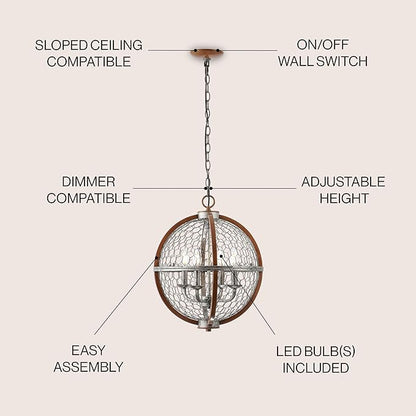JONATHAN Y 16" Antiqued Silver/Brown 4-Light Iron Pendant Light, Rustic French Country Globe Chicken Wire Chandelier for Kitchen Island, Adjustable Height, LED Bulbs Included JYL7518A