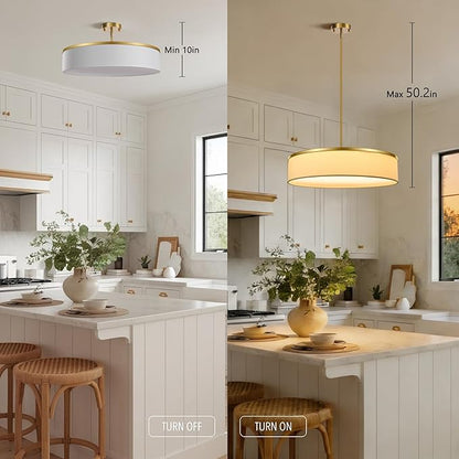 19.6 Inch Integrated LED Drum Chandeliers, 2800K Modern Fabric Pendant Light Fixture, White Linen and Gold Finish, Large Semi Flush Mount Lighting for Dining Room Bedroom Kitchen Entryway