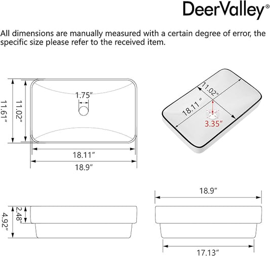 DeerValley 19x12 Inch White Semi Recessed Bathroom Vessel Sink with Black Rim, Ceramic Porcelain Rectangle Above Counter Vanity Sink Basin, DV-1V0235