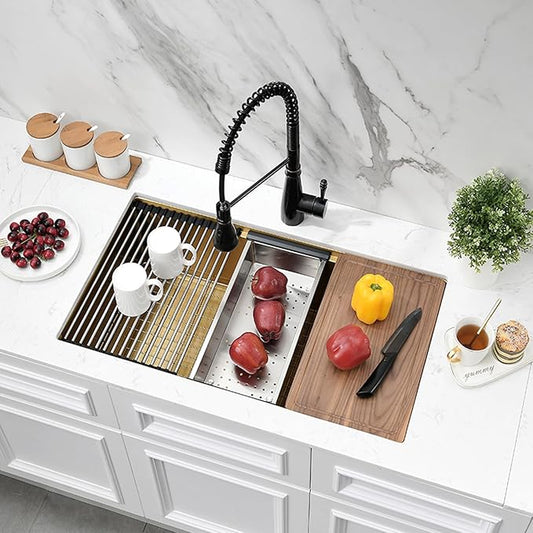 Gold Kitchen Sink Undermount, 33 x 19 Inch Gold Undermount Kitchen Sink Workstation Single Bowl 16 Gauge Stainless Steel Sink with Drain