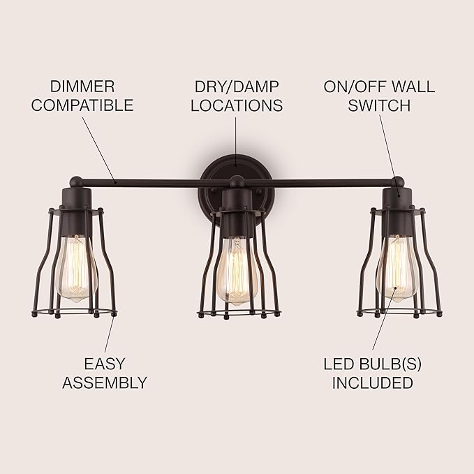 JONATHAN Y 24" Oil Rubbed Bronze Modern Industrial Metal Vanity Light, Bathroom Sconce for Mirror, Reversible 3-Light Wall Lamp with Metal Cage Shade for Hallway, LED Bulb Included (JYL7421A)