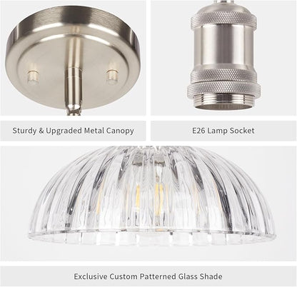 JYO 10" Brushed Nickel Pendant Lighting, Vintage Single Pendant Light Fixtur with Ribbed Glass, Pendant Light for Kitchen Island Bedroom Hotel Living Room