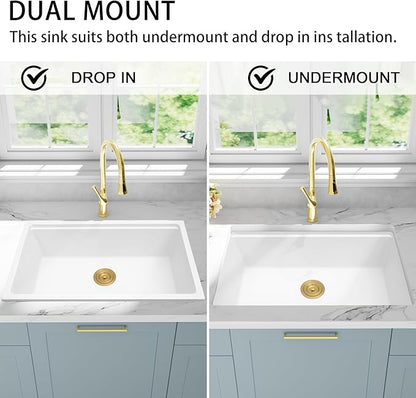 White Undermount Kitchen Sink 25 Inch - Drop In Granite Quartz Composite Workstation Sink - Deep Single Bowl,Dual Mount,with Accessories(White, 25.59" X 17.72")