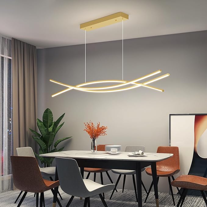 Modern Ceiling Chandelier Light, 47IN Gold Pendant Light Fixtures with Remote Control 3000k-6500K Adjustable Color Temperature, Aluminum Island Lighting Lamp for Dining Room, Living Room, Island